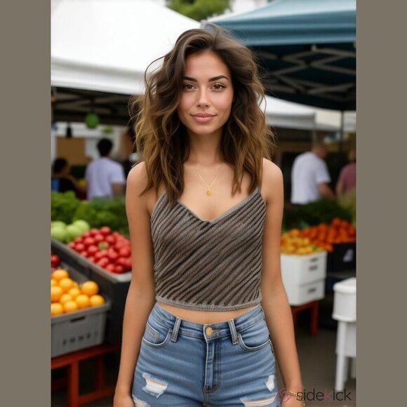 Handmade Women's Size Small/Medium Blue Gray Stripe Knit V Neck Cropped Tank Top - Picture 1 of 8